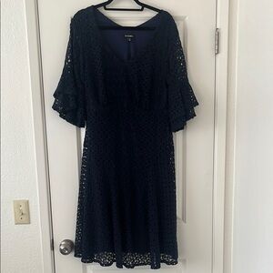 Roz & Ali Blue Midi Dress with 3/4 Bell Sleeves and V-Neck